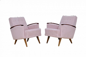 Pair of beech and pink fabric armchairs, 1960s