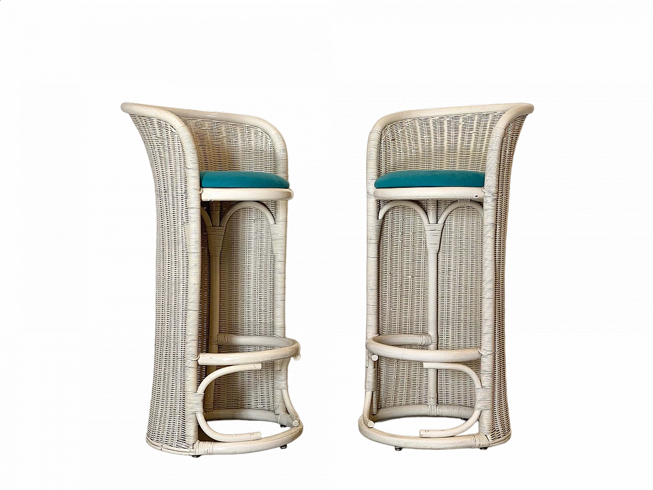 Pair of white lacquered wicker and bamboo bar stools, 1980s 16