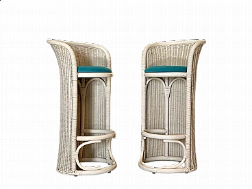Pair of white lacquered wicker and bamboo bar stools, 1980s