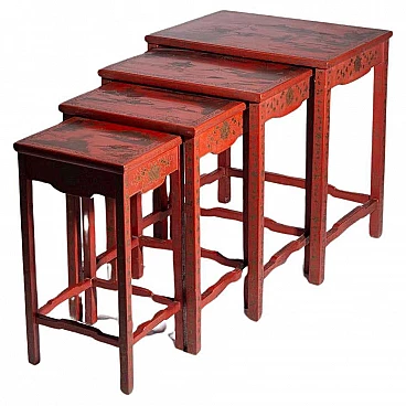 4 Chinese nesting coffee tables in red lacquered wood, late 19th century