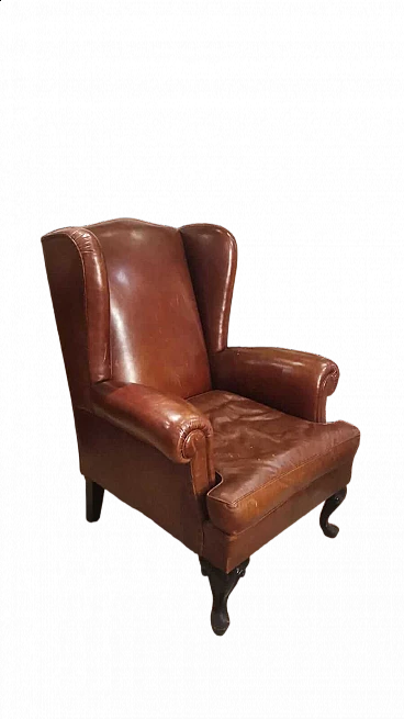 Leather and wood bergère armchair