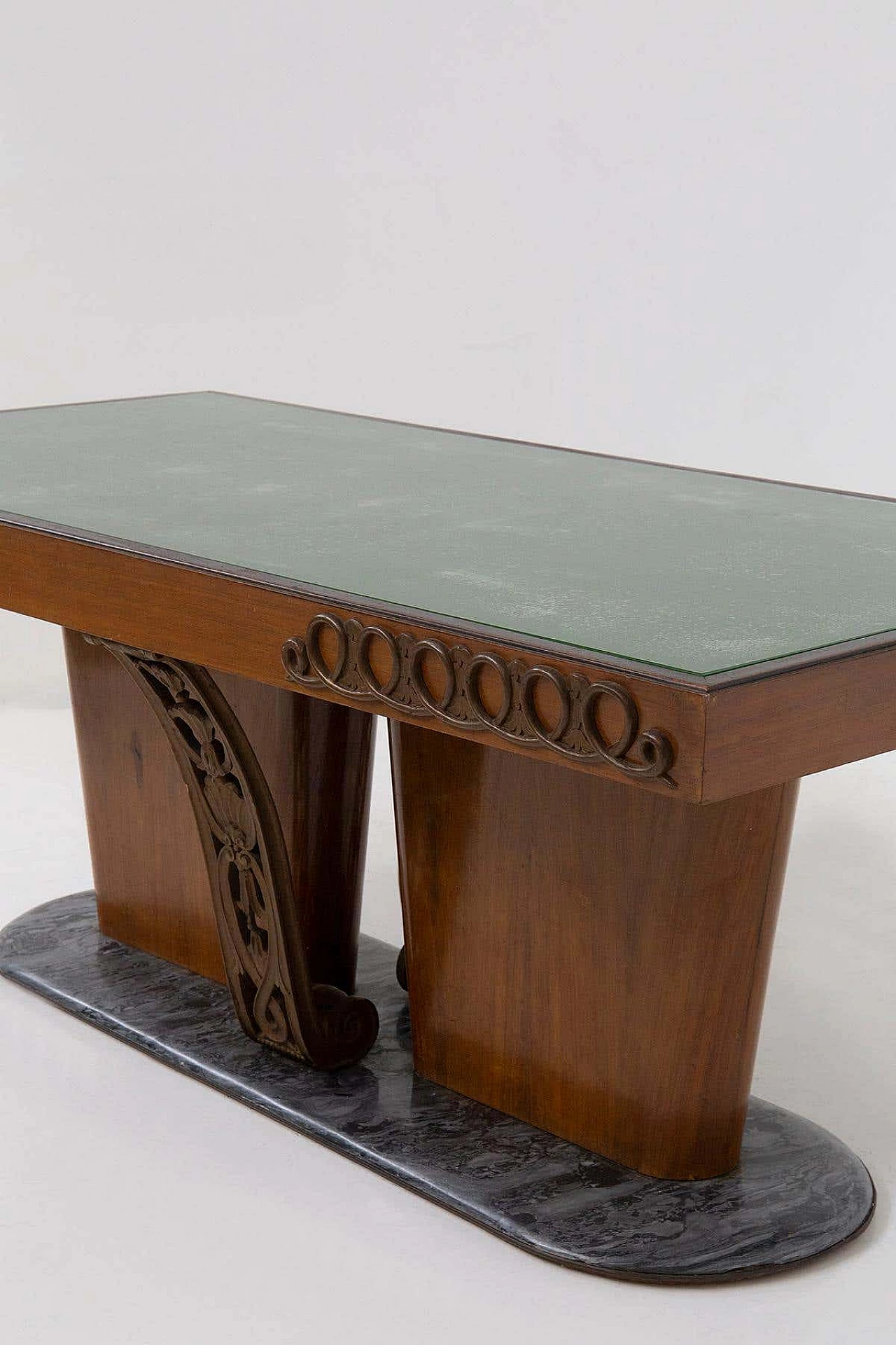 Wooden table with bronzes and marble, 1950s 8