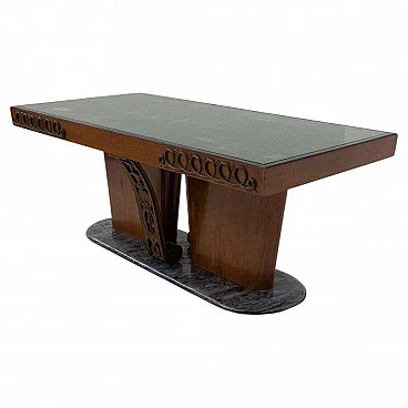 Tavolo in legno con bronzi e marmo, anni '50