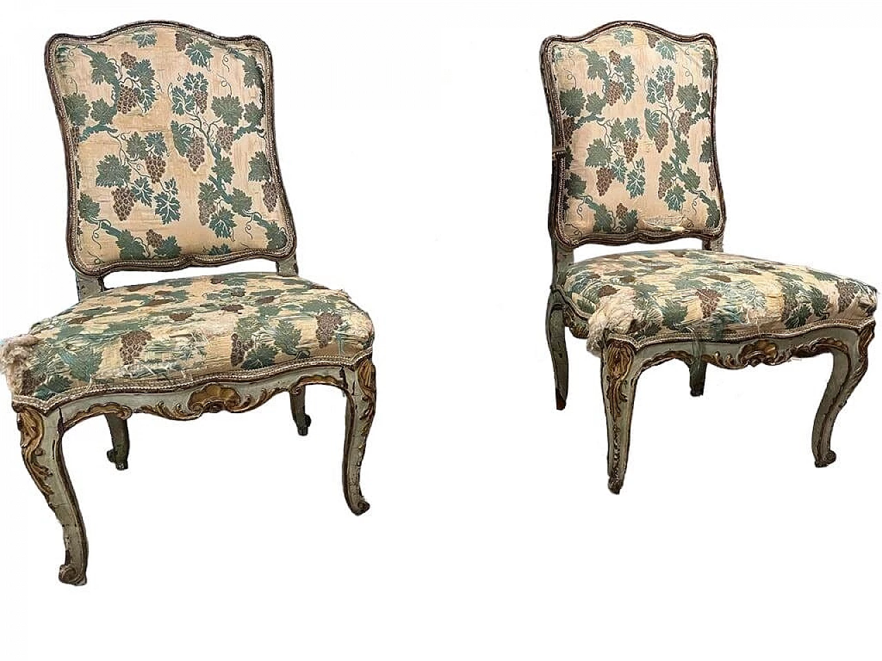 Pair of wood and fabric chairs with vine pattern, 18th century 11