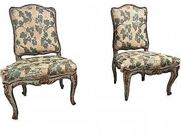Pair of wood and fabric chairs with vine pattern, 18th century