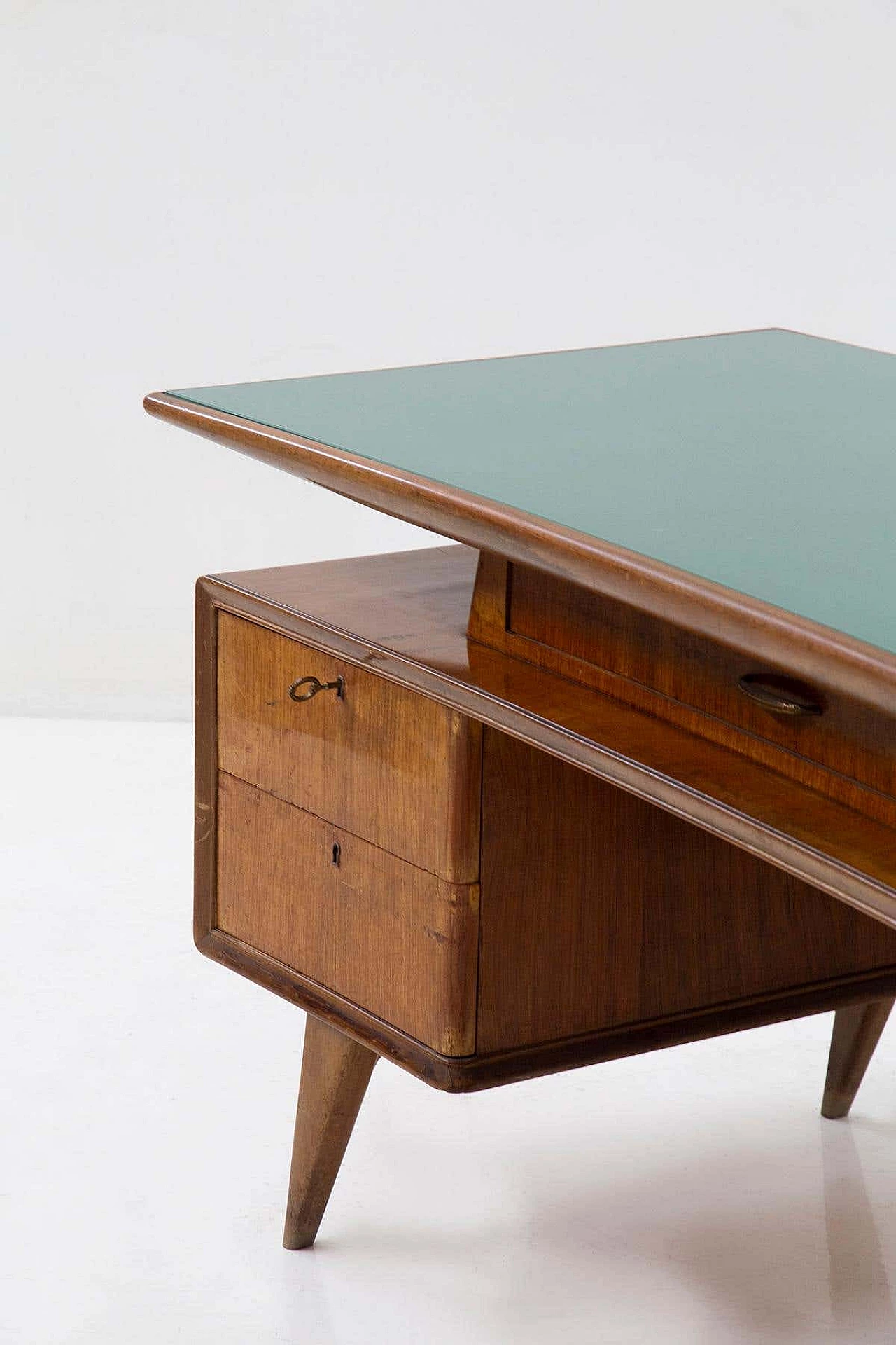 Walnut desk with green glass bumerang-shaped top, 1950s 3