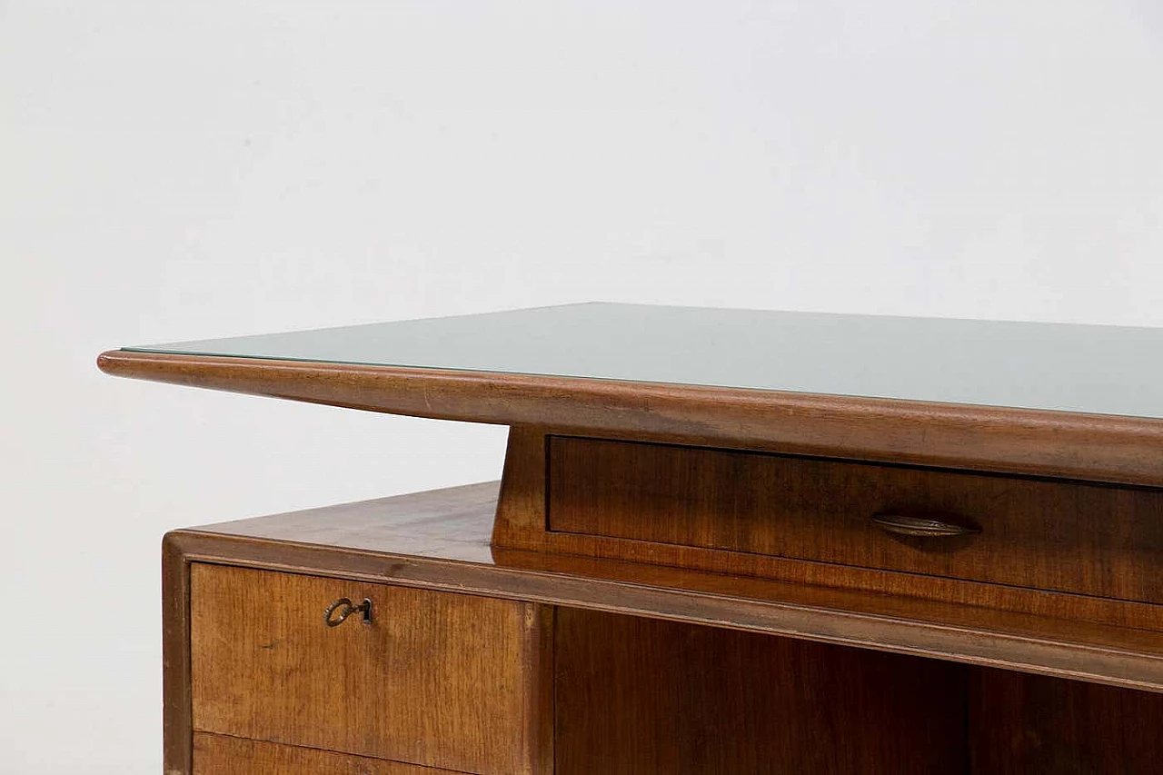Scrivania in noce con piano forma di bumerang in vetro verde, anni '50 6