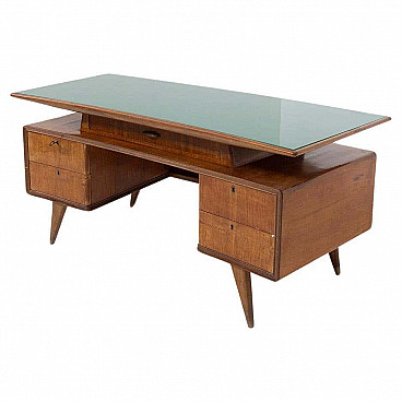 Walnut desk with green glass bumerang-shaped top, 1950s