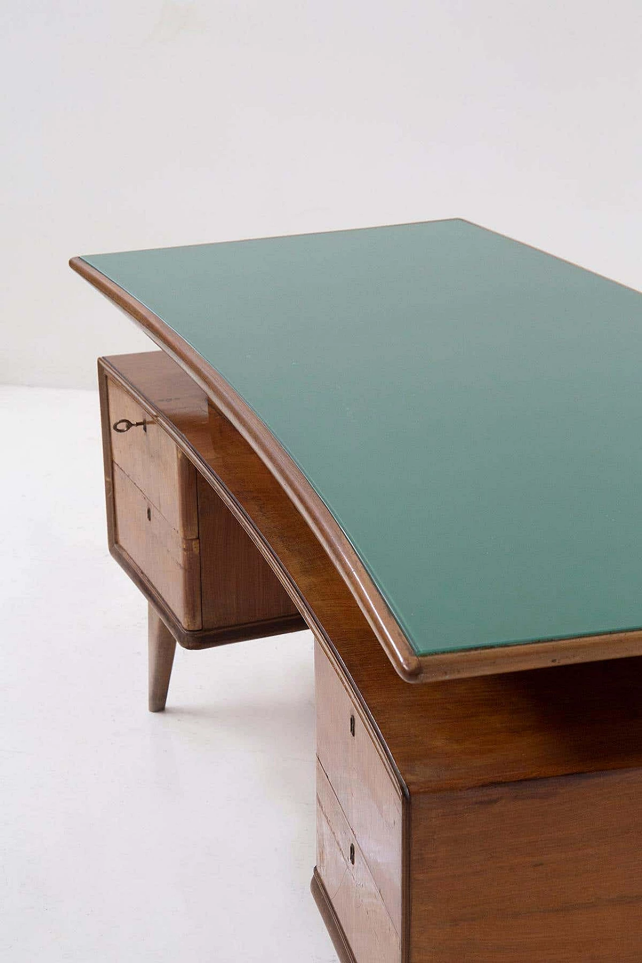 Walnut desk with green glass bumerang-shaped top, 1950s 12