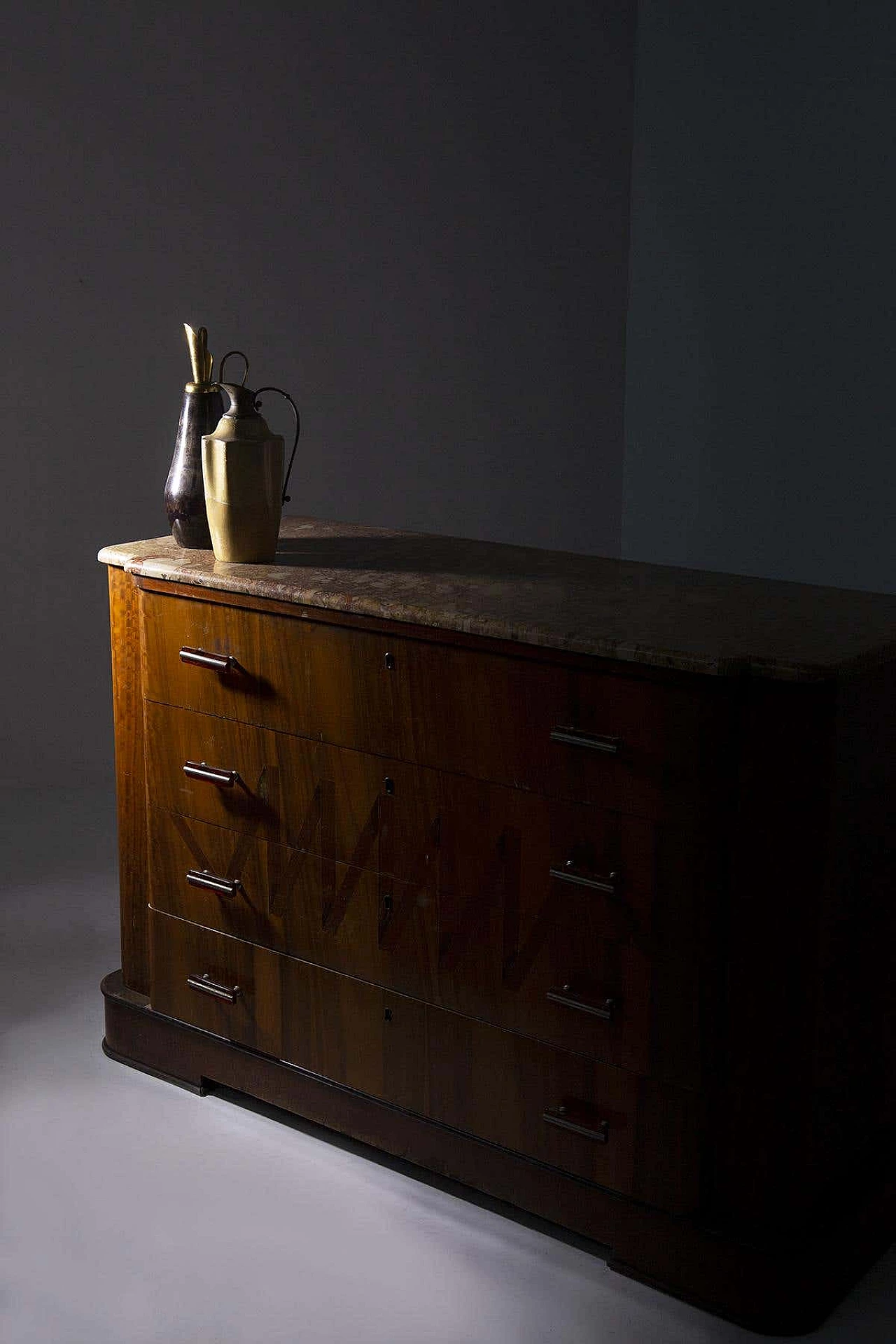 Futurist wooden chest of drawers with marble top and iconographic inlay, 1910s 1