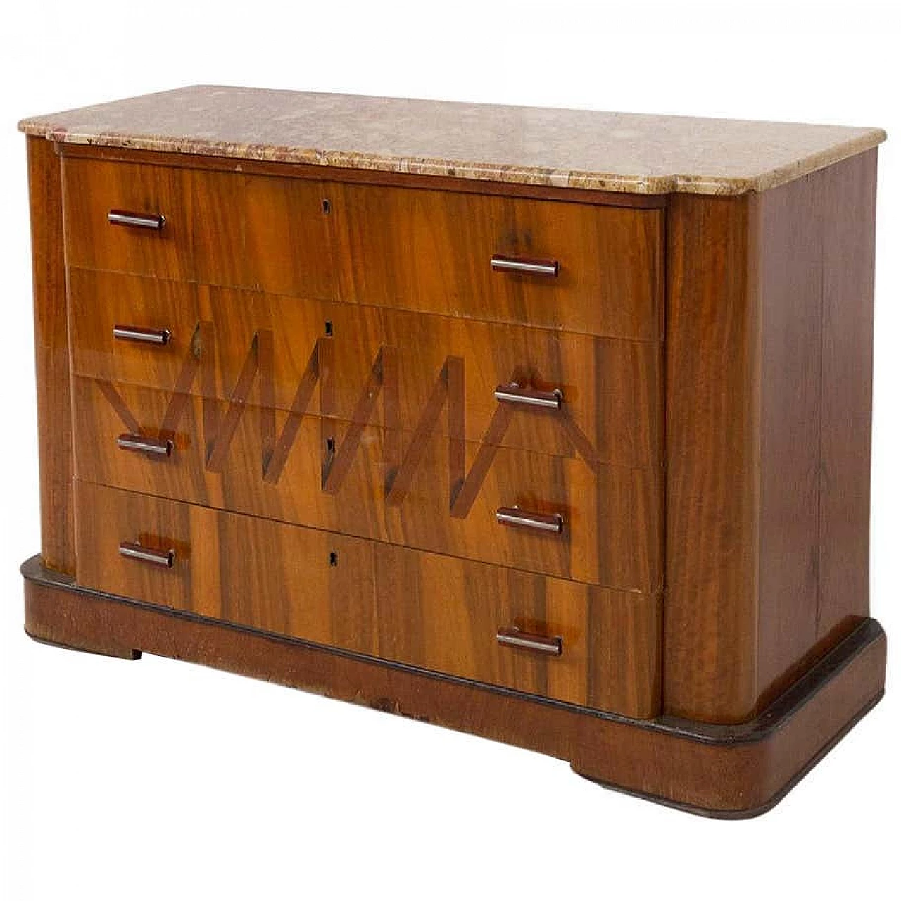 Futurist wooden chest of drawers with marble top and iconographic inlay, 1910s 2