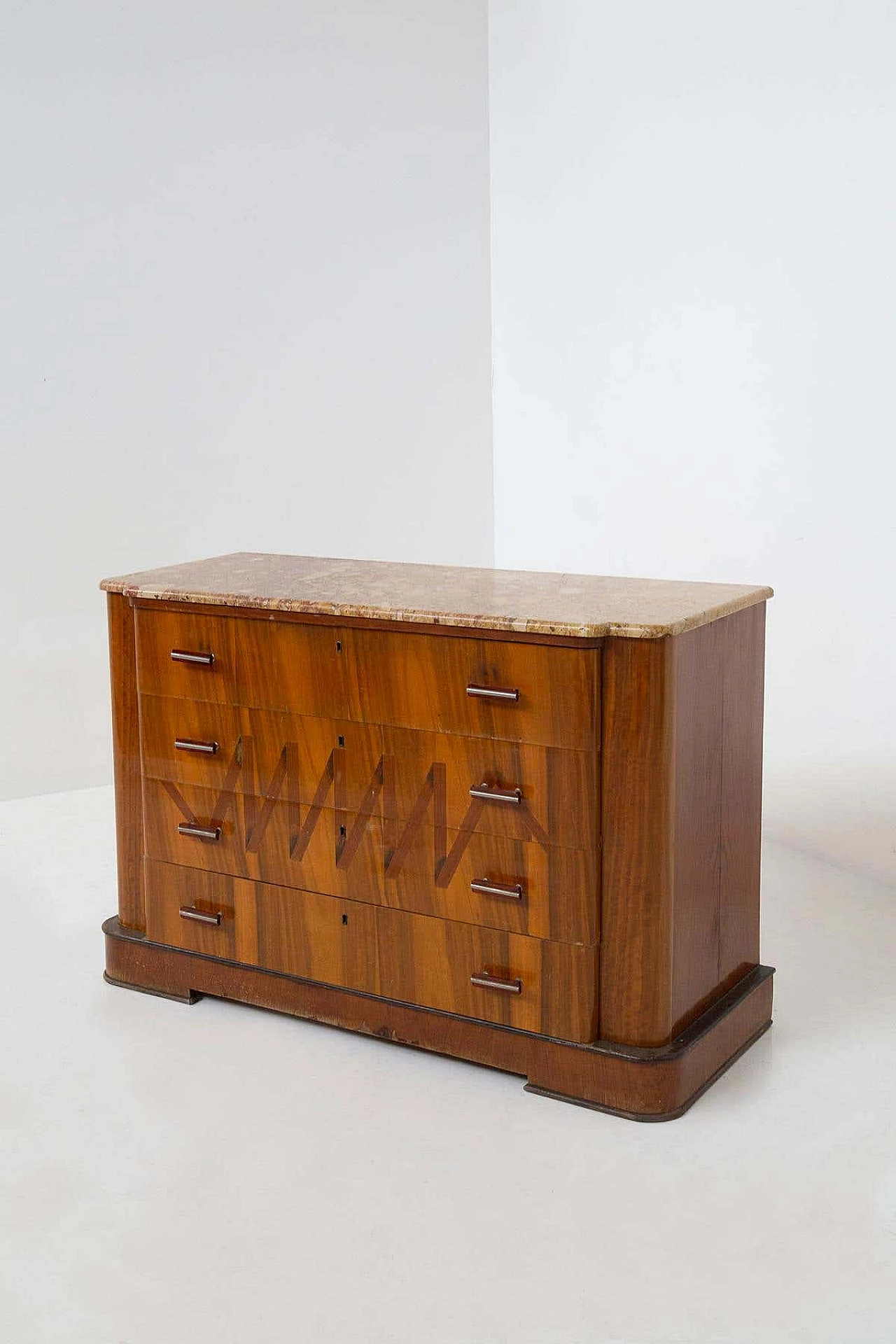 Futurist wooden chest of drawers with marble top and iconographic inlay, 1910s 3