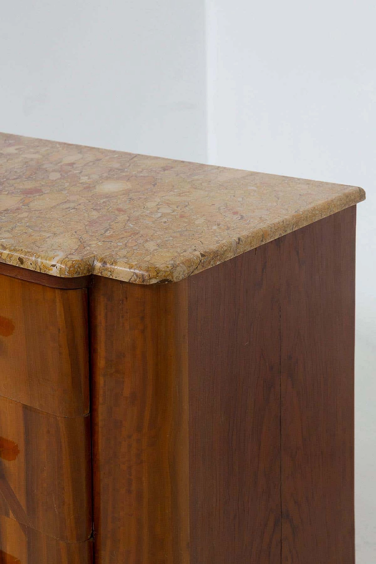 Futurist wooden chest of drawers with marble top and iconographic inlay, 1910s 5