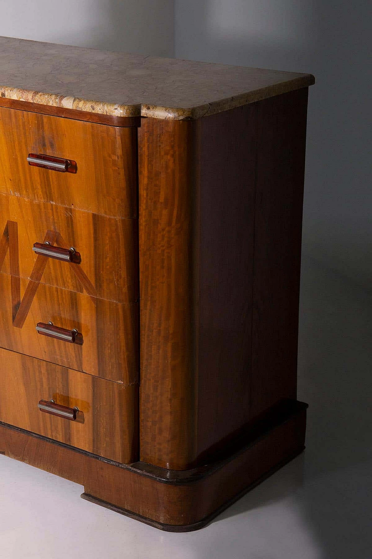 Futurist wooden chest of drawers with marble top and iconographic inlay, 1910s 7