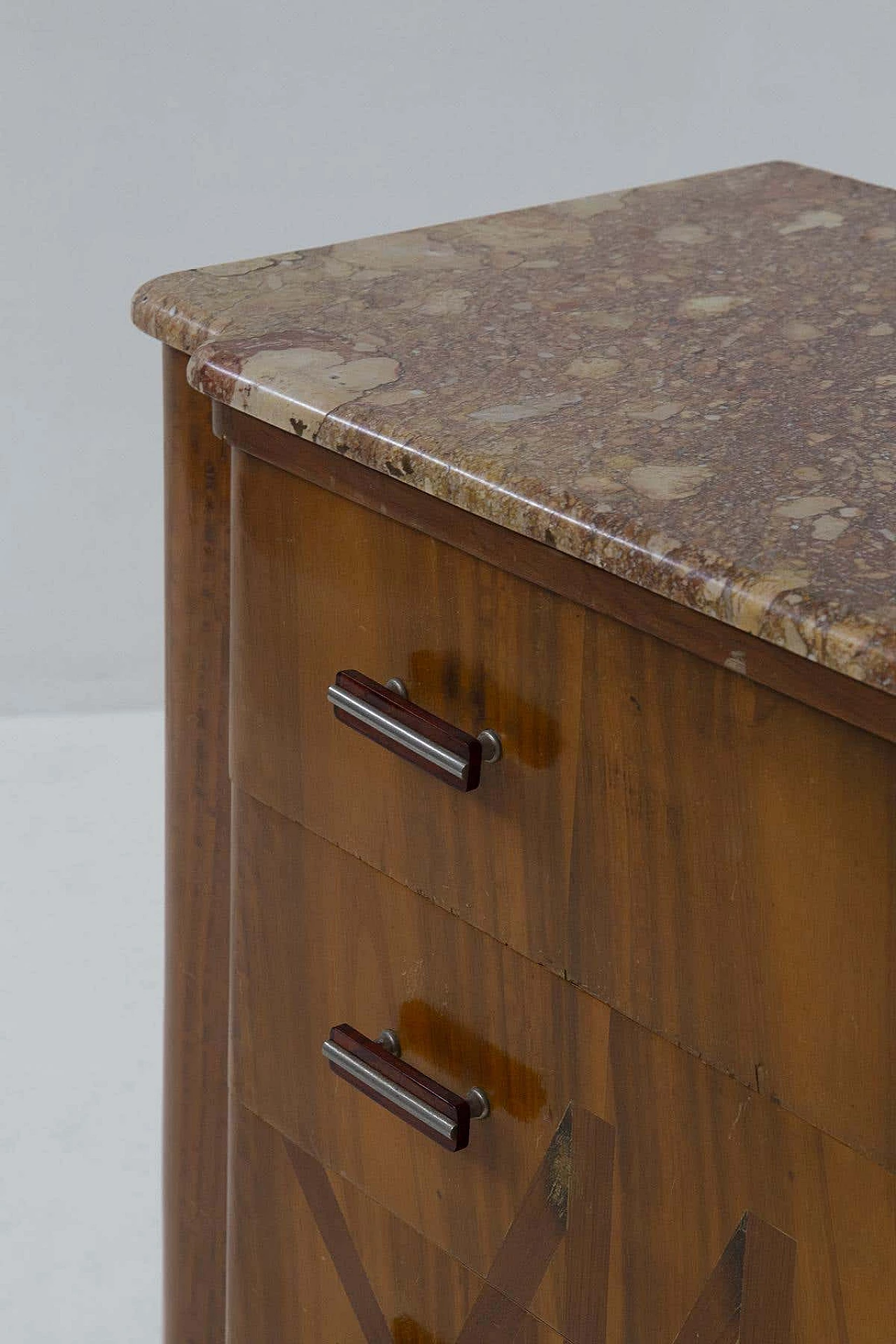 Futurist wooden chest of drawers with marble top and iconographic inlay, 1910s 11