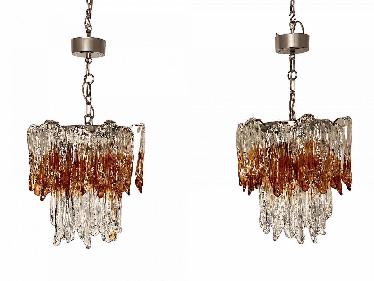 Coppia di lampadari in acciaio cromato e vetro di Murano, anni '70 16