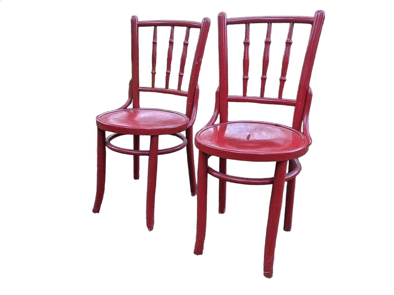 Coppia di sedie da bistrò in faggio tinto rosso di Lichtig, inizio '900 5