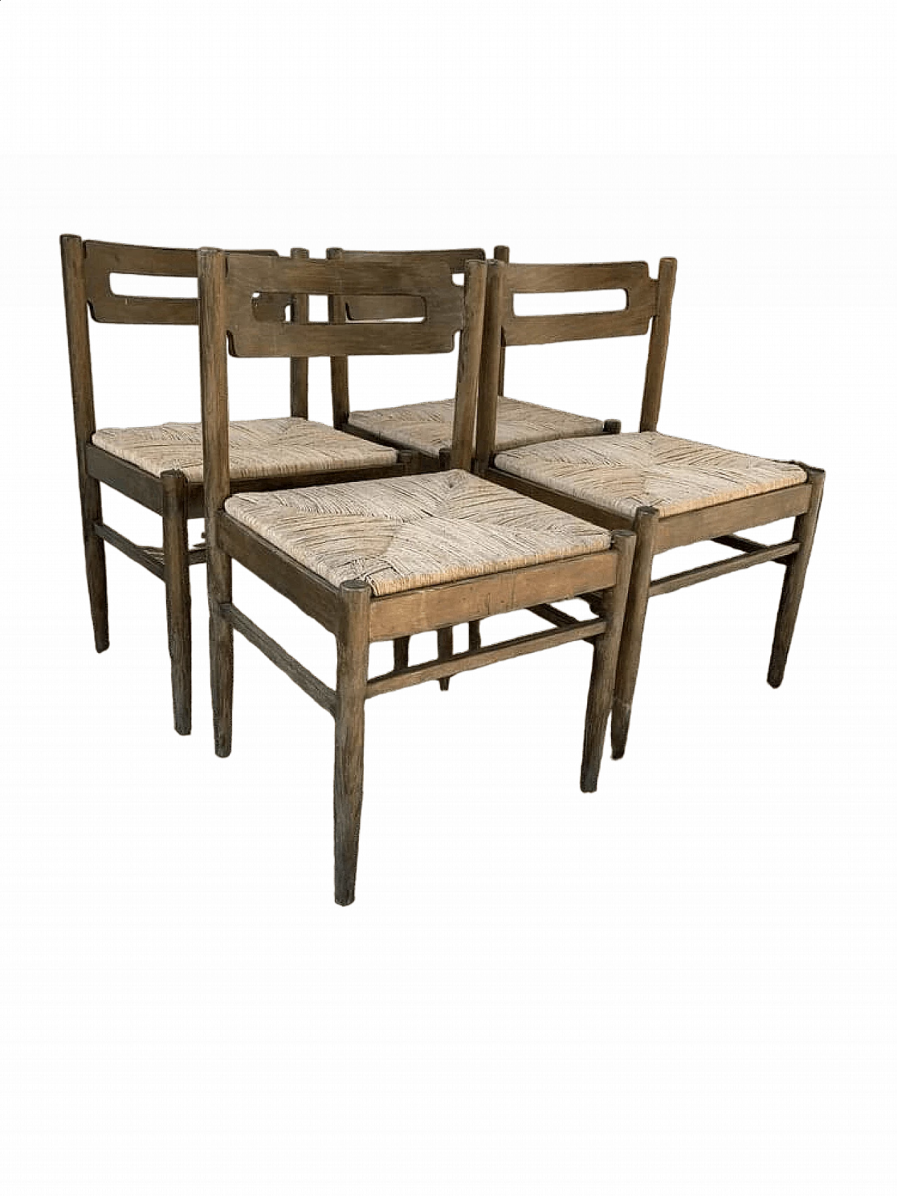 4 Sedie da pranzo Rustiche in legno con seduta in paglia, anni '70 6