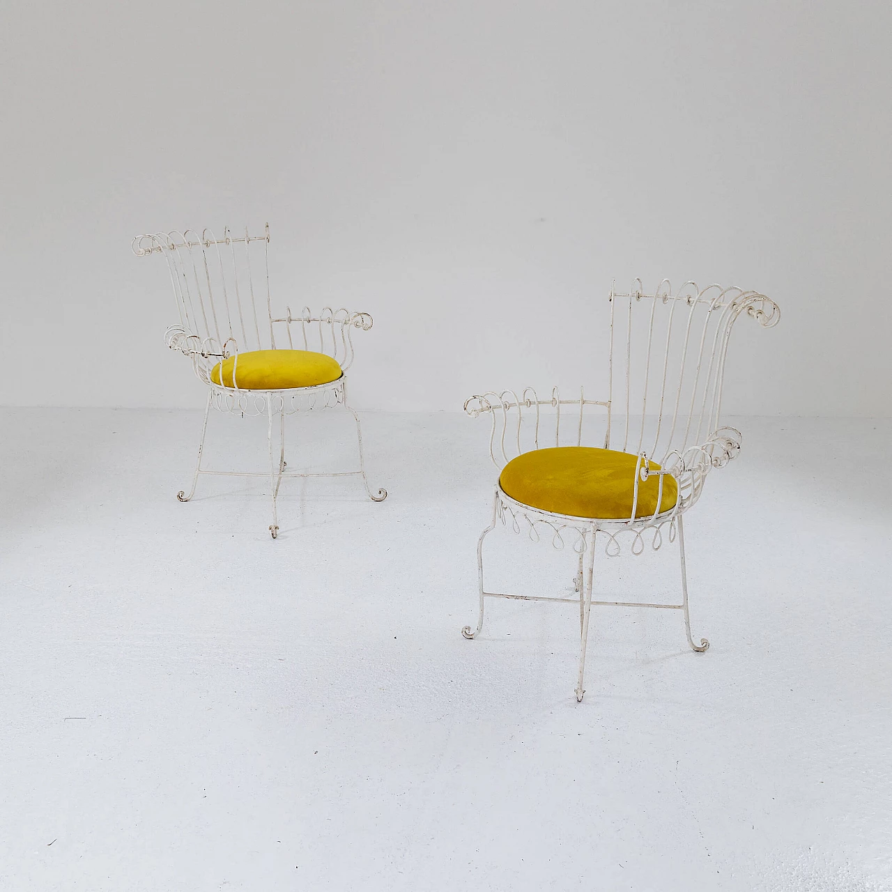 Pair of iron and yellow velvet chairs, 1950s 2