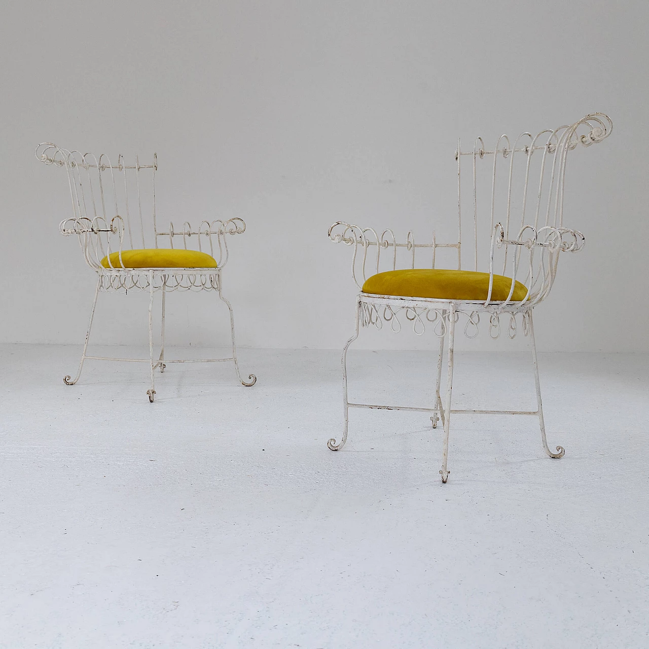 Pair of iron and yellow velvet chairs, 1950s 3