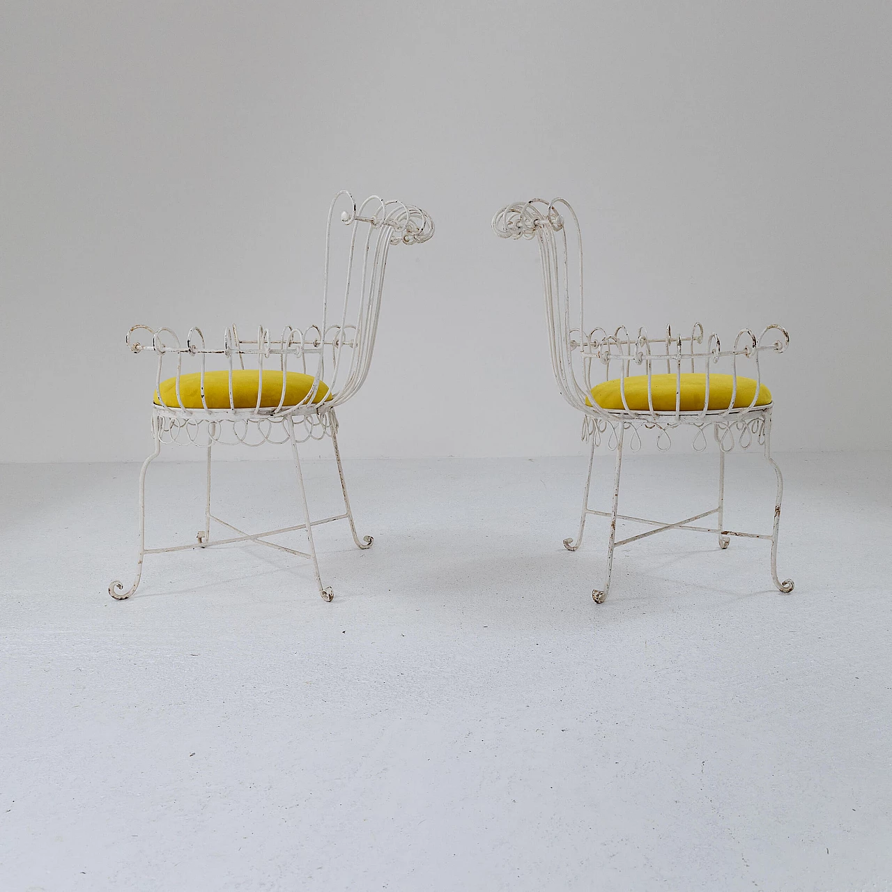 Pair of iron and yellow velvet chairs, 1950s 4