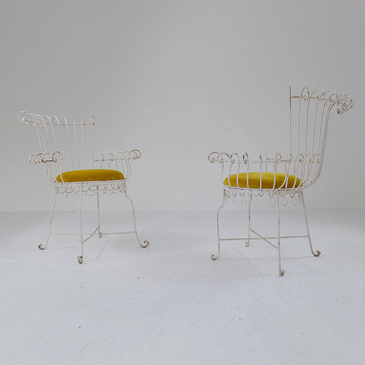 Pair of iron and yellow velvet chairs, 1950s 8
