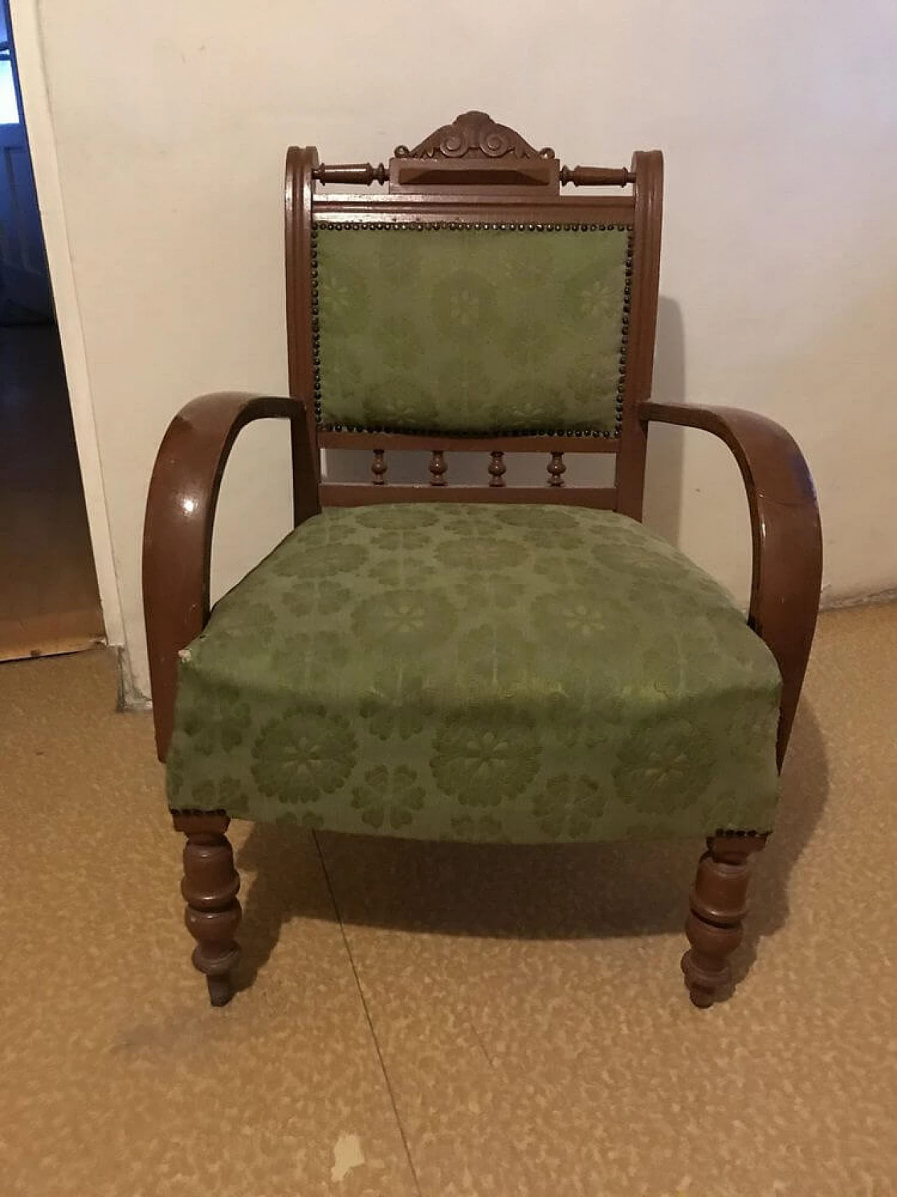Hungarian armchair in wood and green fabric, late 19th century 1