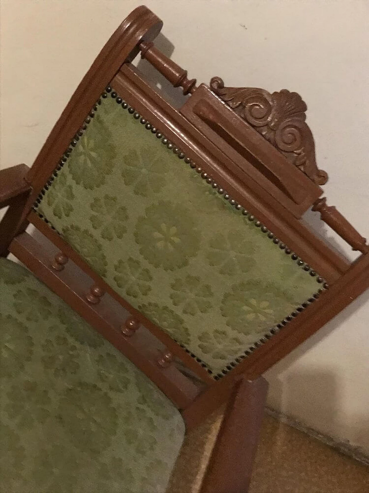 Hungarian armchair in wood and green fabric, late 19th century 3