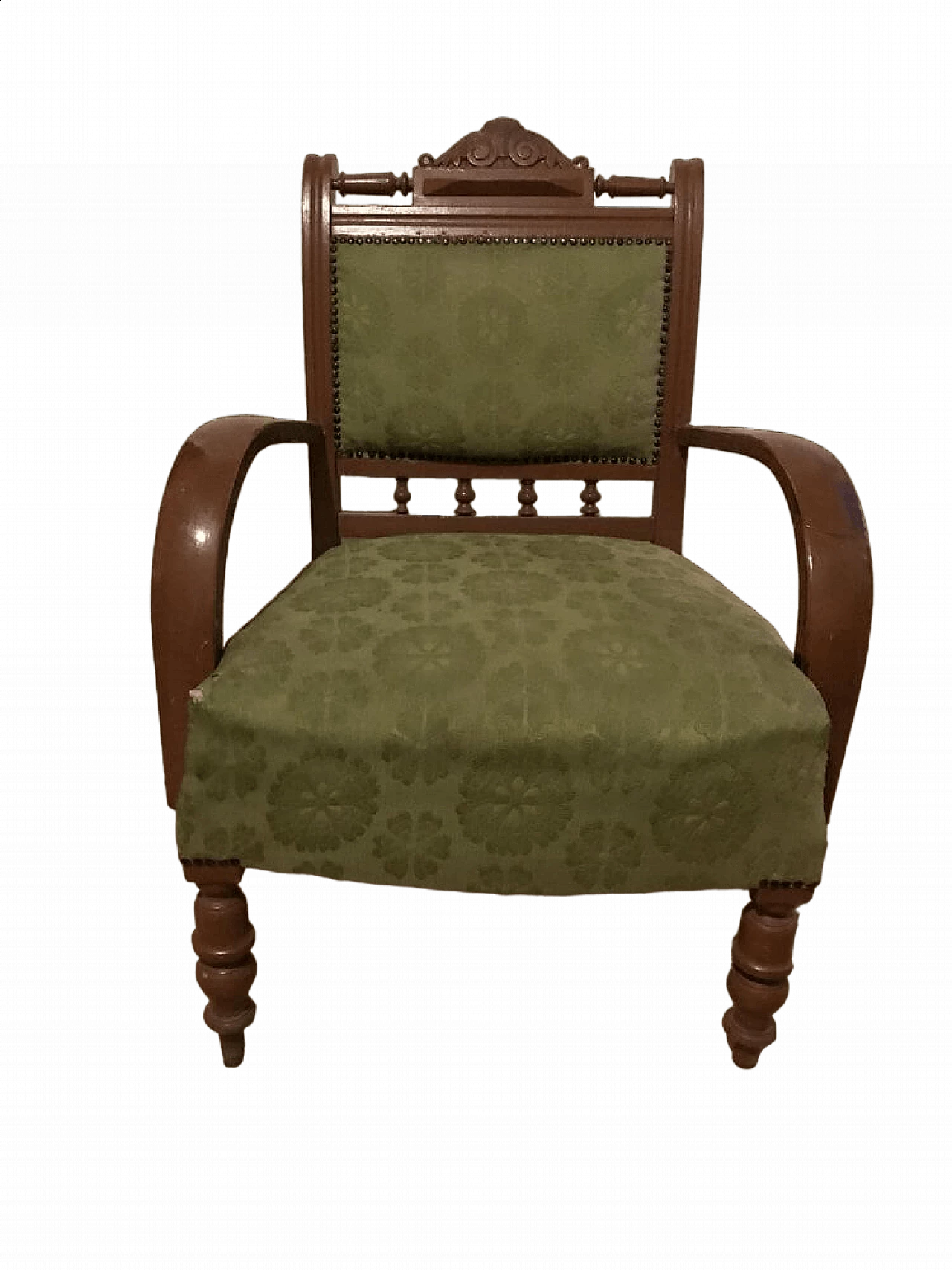 Hungarian armchair in wood and green fabric, late 19th century 5