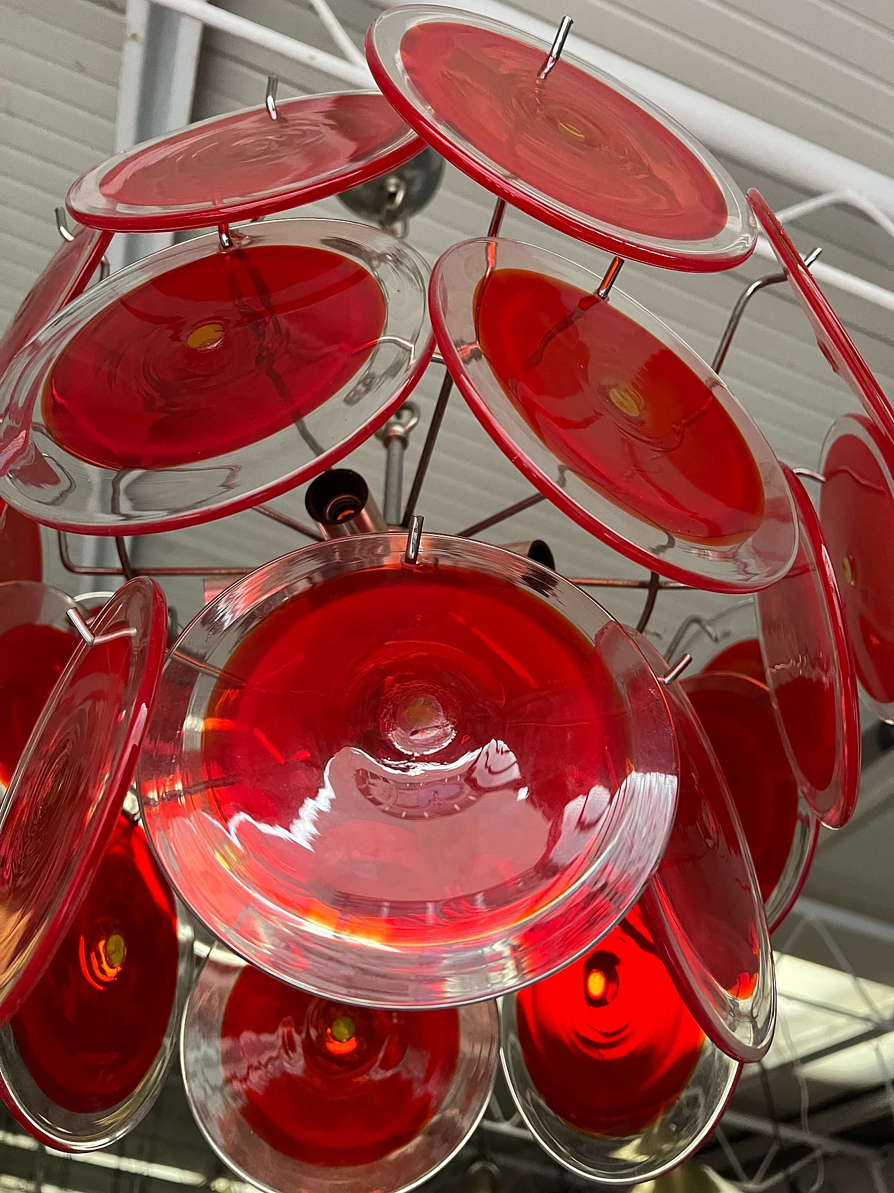 Six-light chandelier with 24 Murano glass discs by Vistosi, 1970s 3