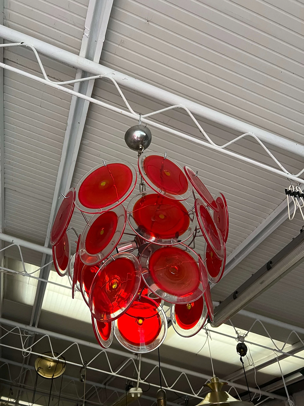 Six-light chandelier with 24 Murano glass discs by Vistosi, 1970s 4
