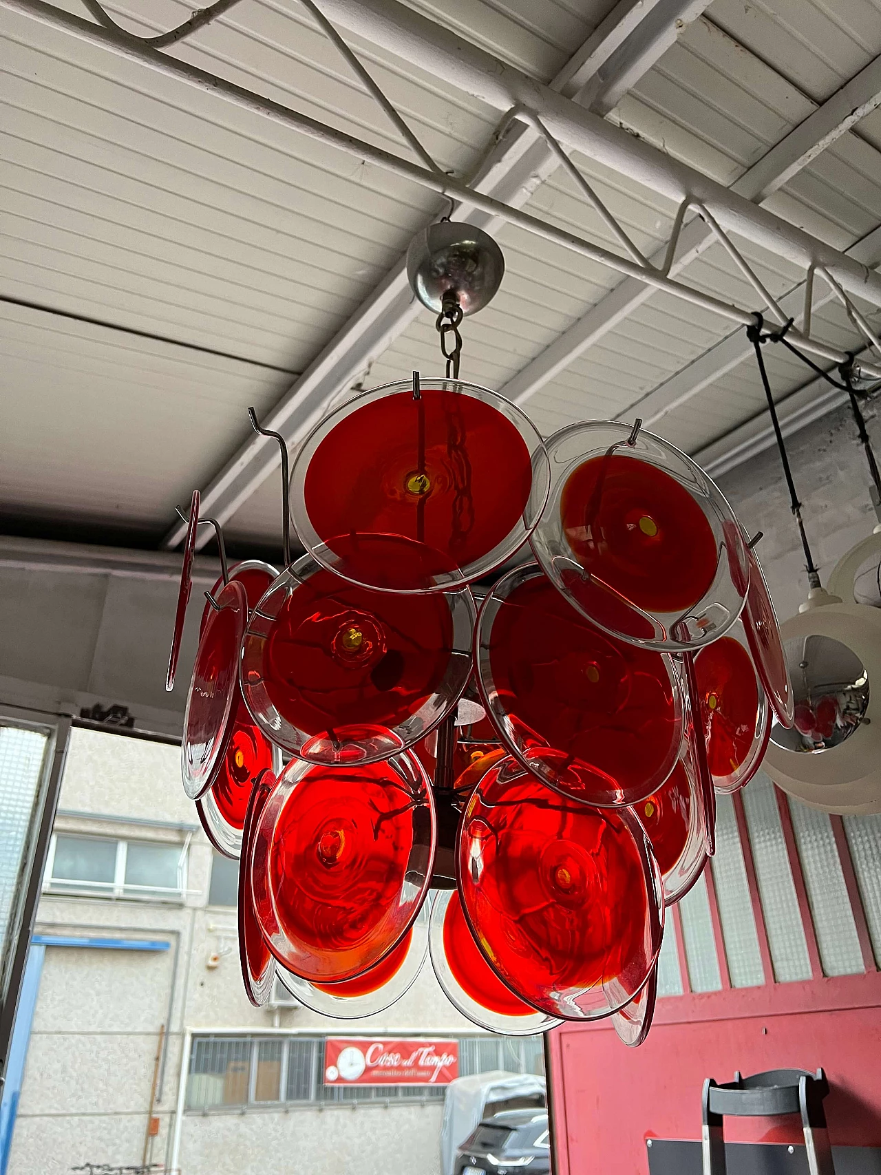 Six-light chandelier with 24 Murano glass discs by Vistosi, 1970s 5