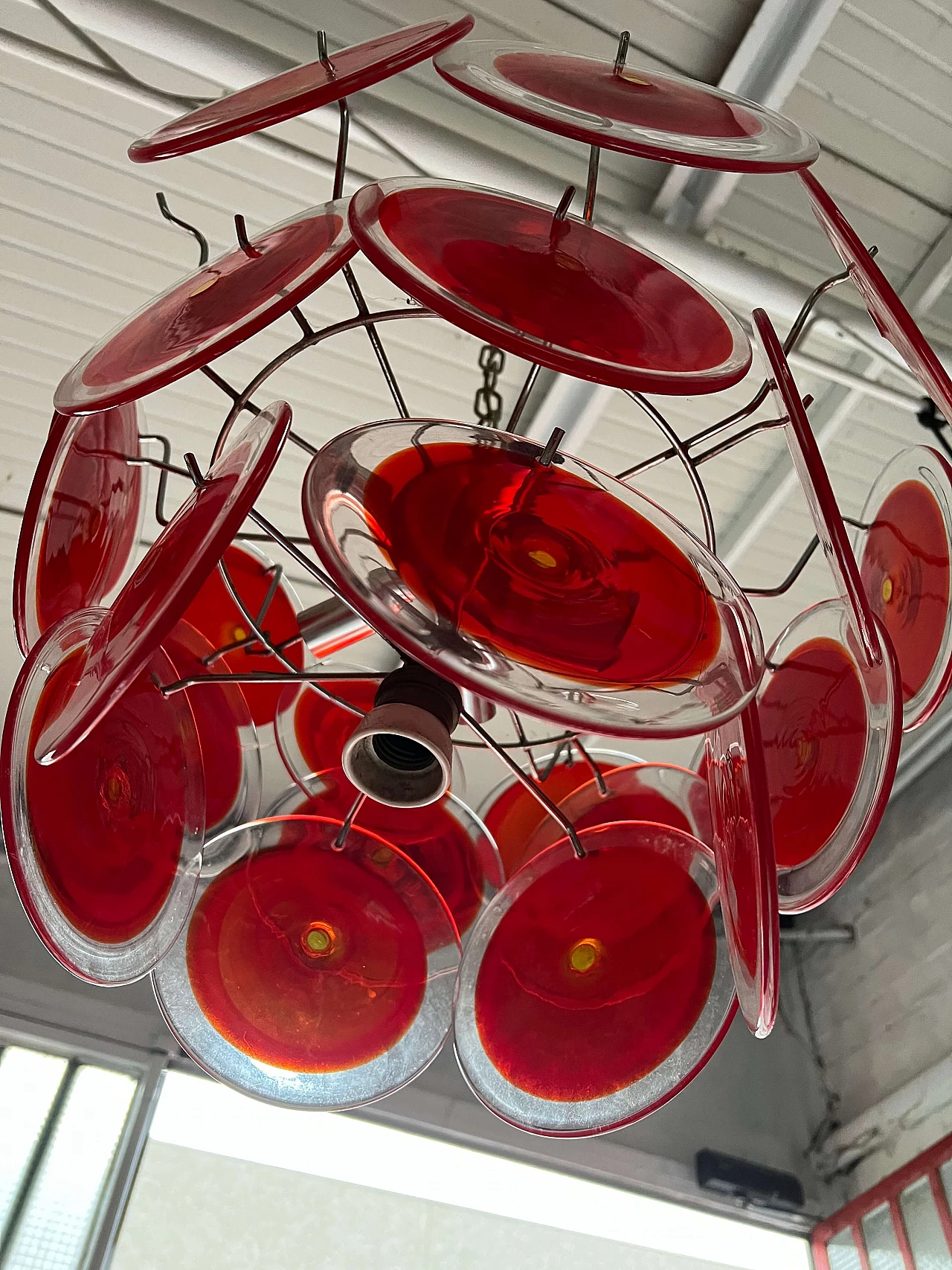 Six-light chandelier with 24 Murano glass discs by Vistosi, 1970s 7