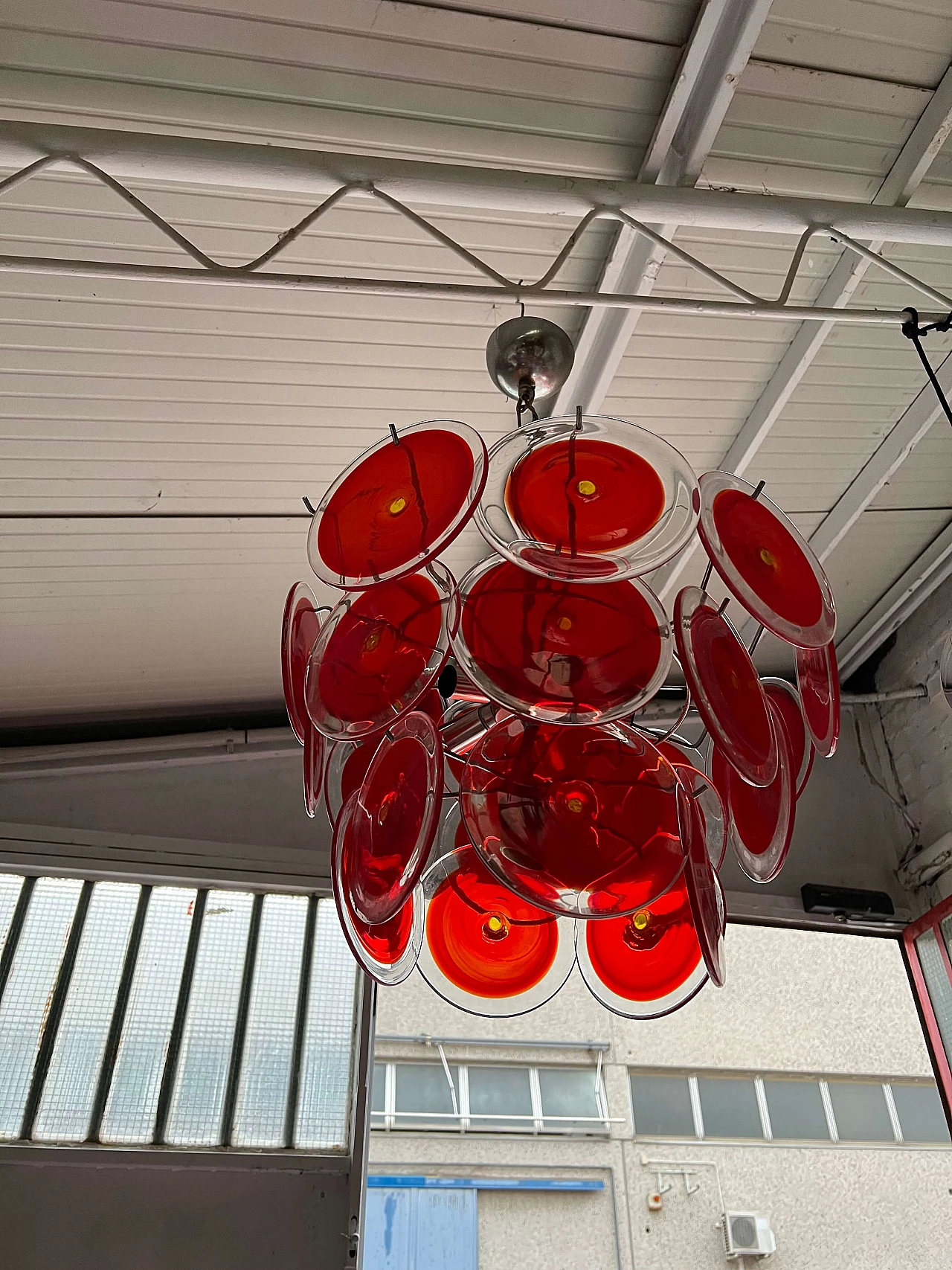 Six-light chandelier with 24 Murano glass discs by Vistosi, 1970s 9