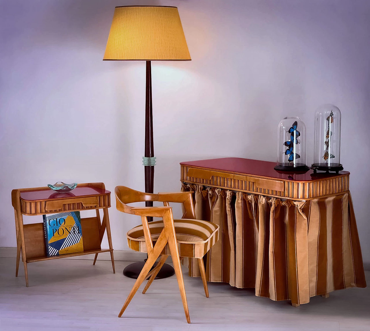 Tavolo da toeletta, poltrona e comodino con portariviste in acero di Vittorio Dassi, anni '50 3