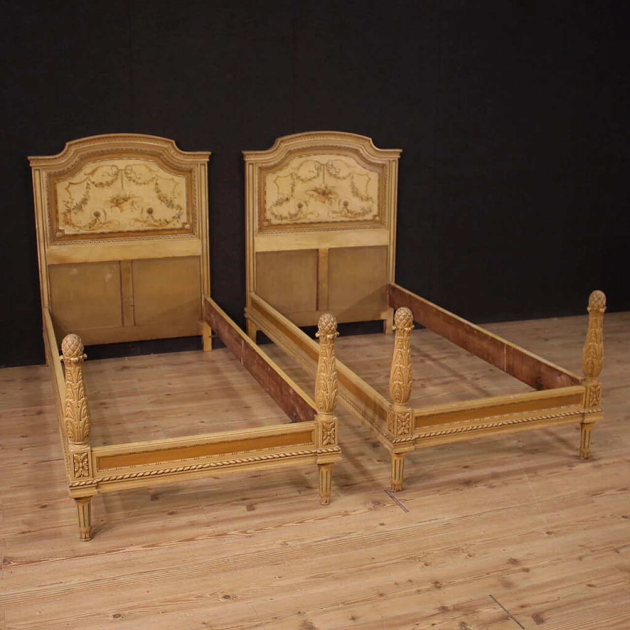 Pair of lacquered wooden beds in Louis XVI style, 1960s 1