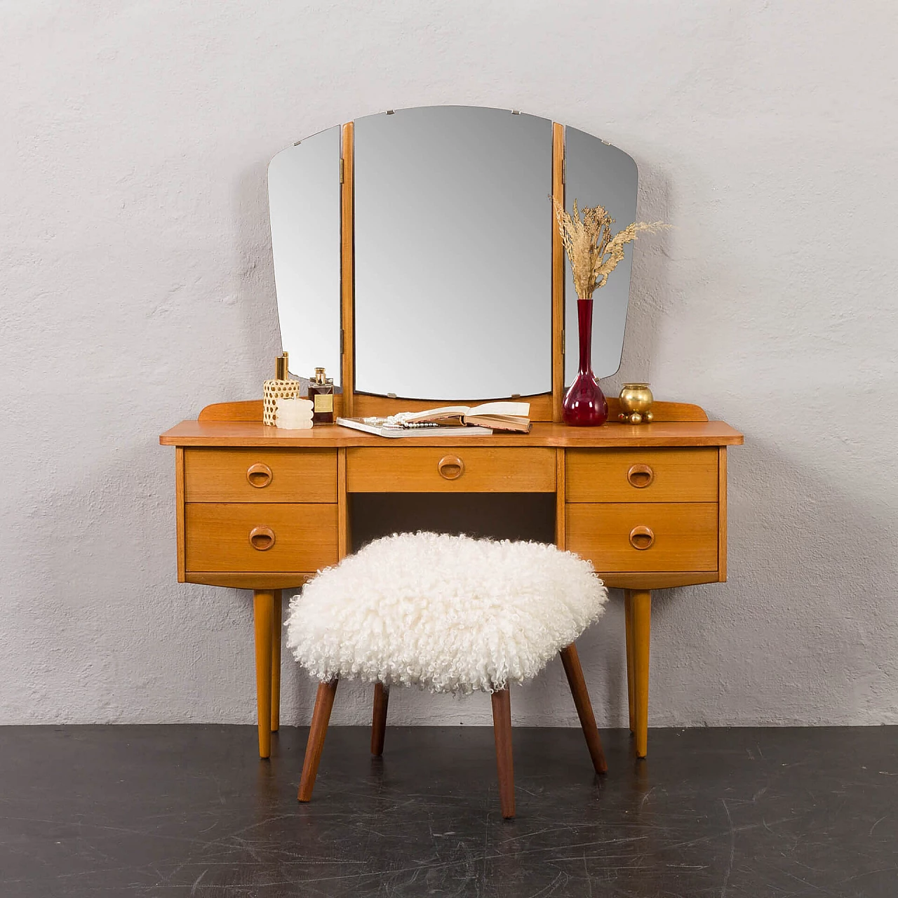 Norwegian oak and birch vanity table with folding mirror, 1970s 1