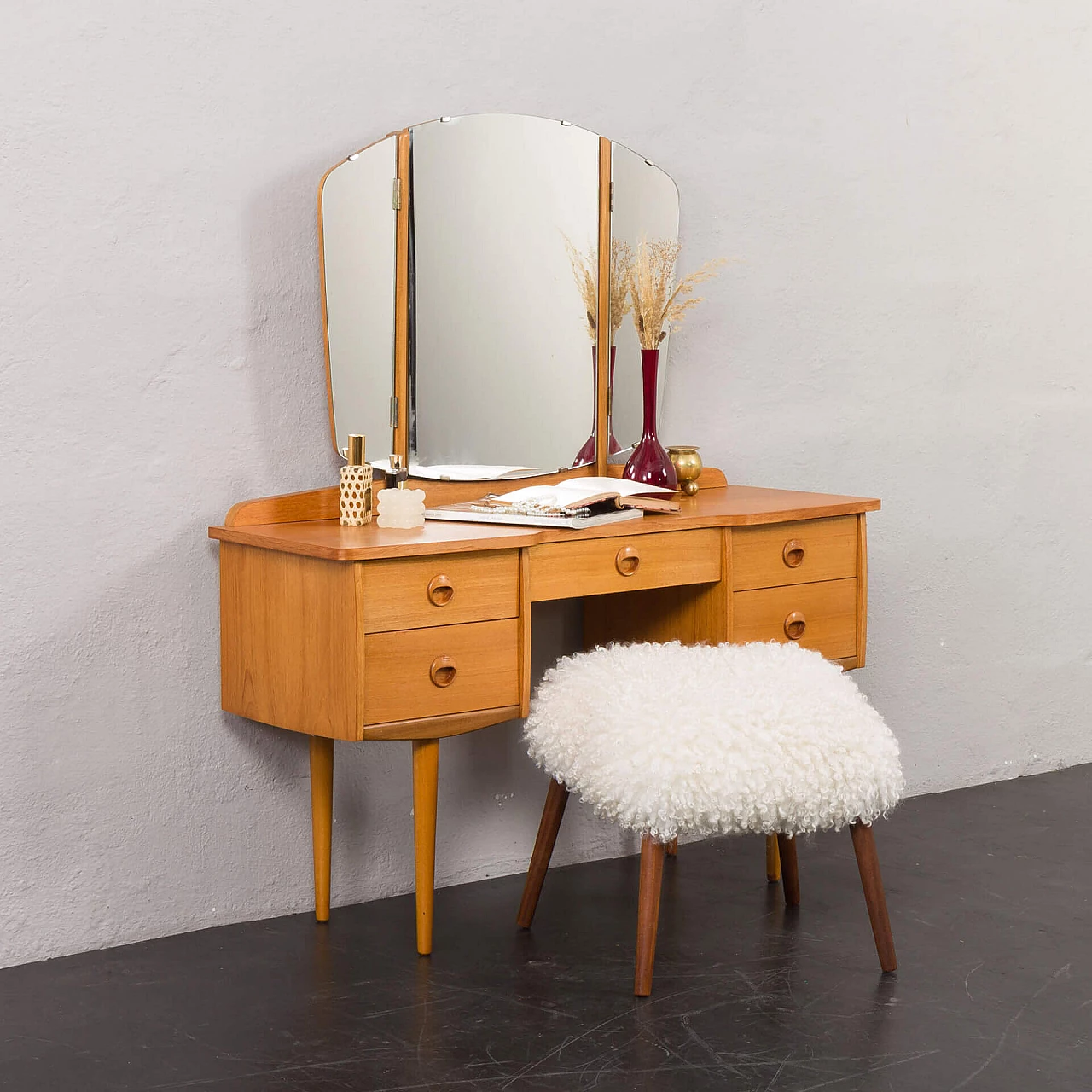 Norwegian oak and birch vanity table with folding mirror, 1970s 2