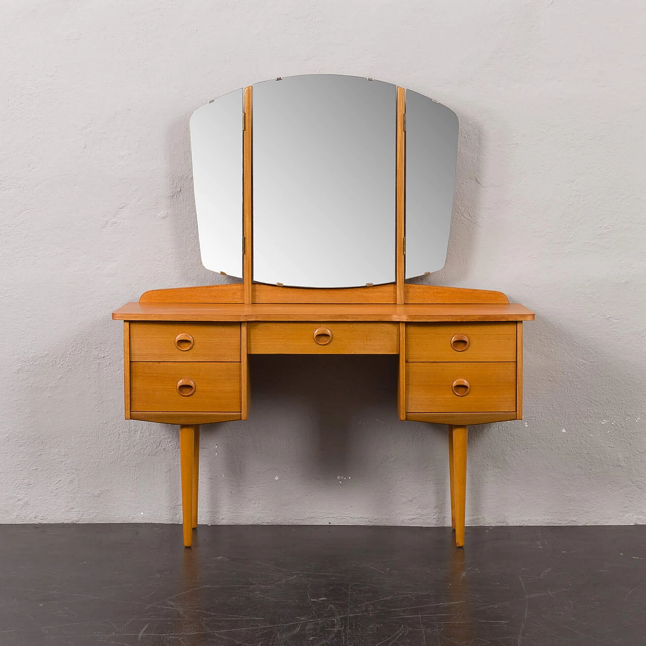 Norwegian oak and birch vanity table with folding mirror, 1970s 5