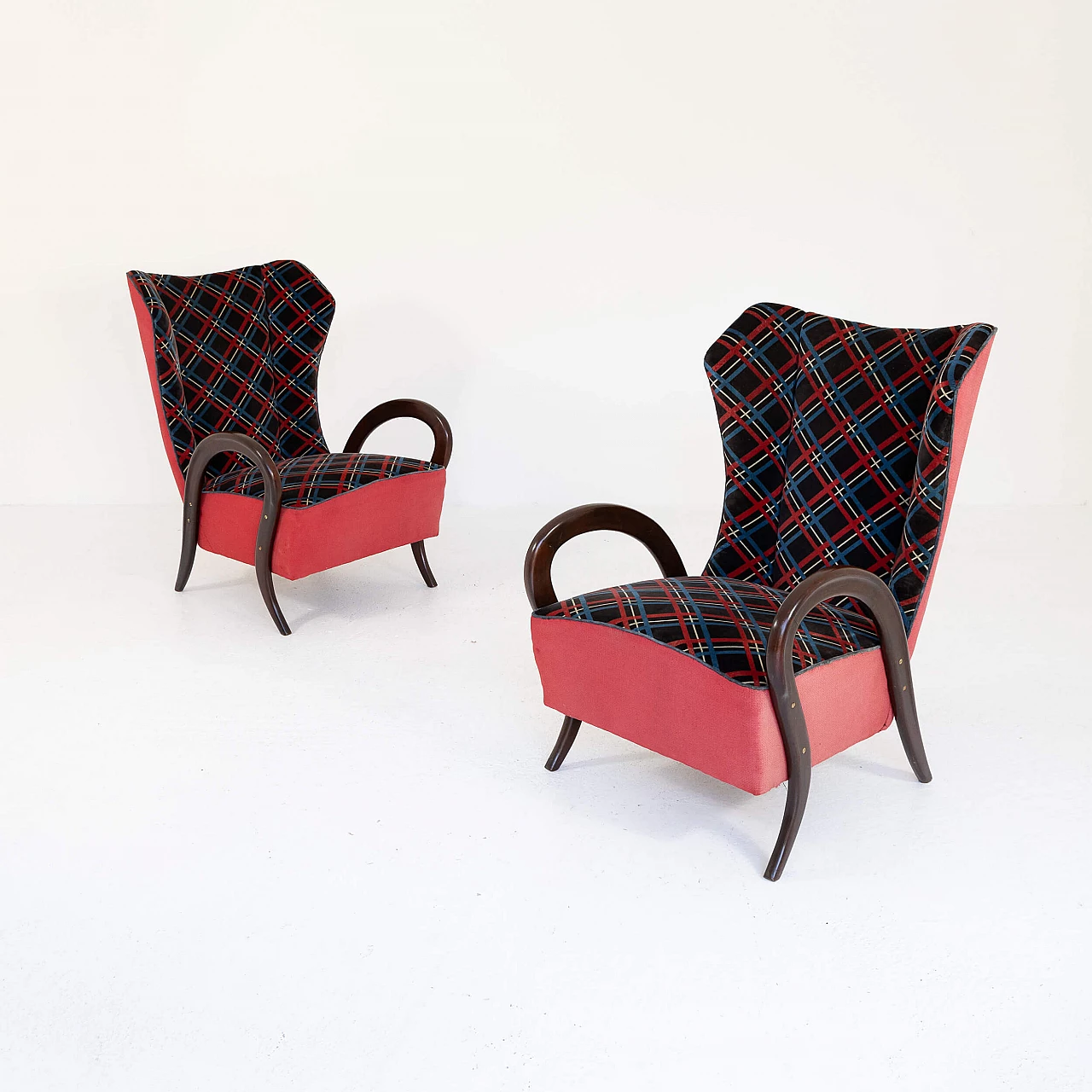 Pair of armchairs in mahogany and original fabric, 1950s 1