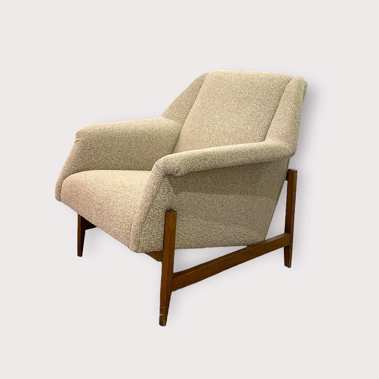 Wood and bouclé fabric armchair, 1960s 1