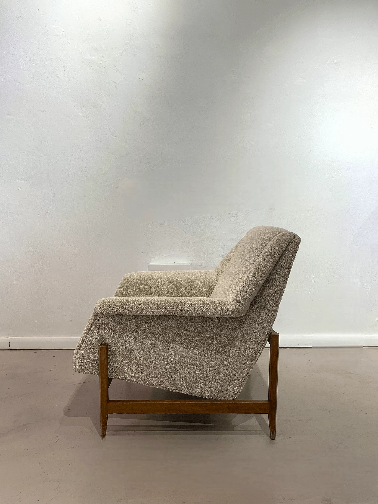 Wood and bouclé fabric armchair, 1960s 2