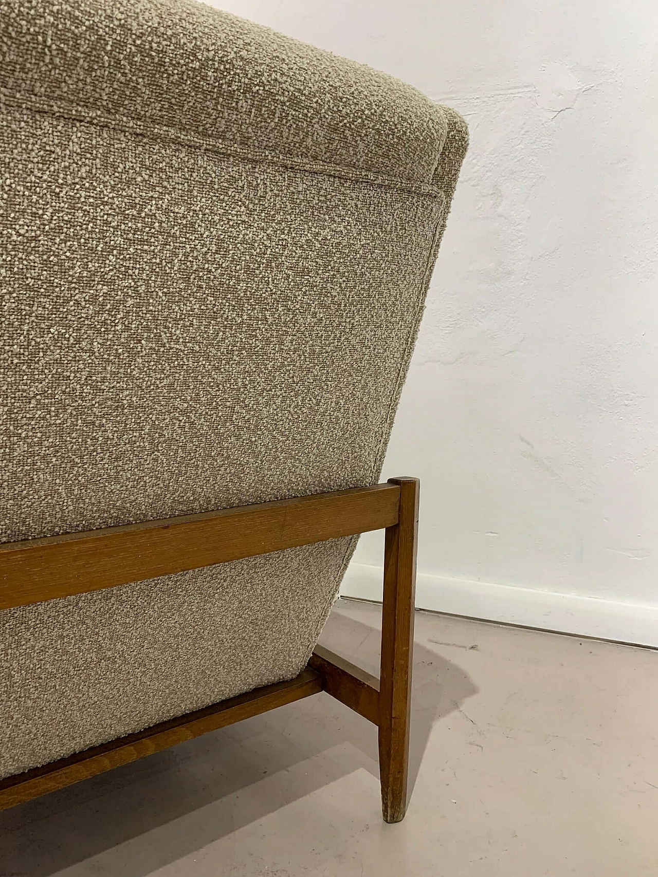 Wood and bouclé fabric armchair, 1960s 7