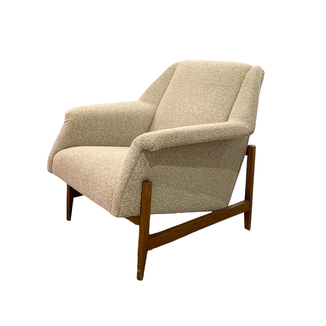 Wood and bouclé fabric armchair, 1960s 10