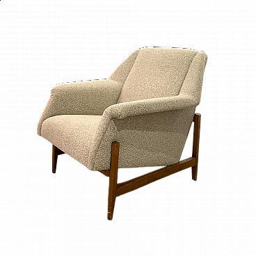 Wood and bouclé fabric armchair, 1960s