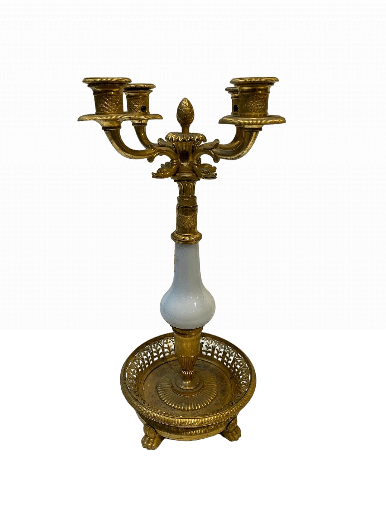Gilded and chiseled bronze candelabra with white glass detail, 1860 10