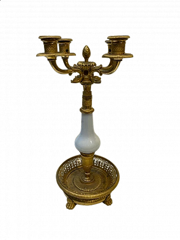 Gilded and chiseled bronze candelabra with white glass detail, 1860