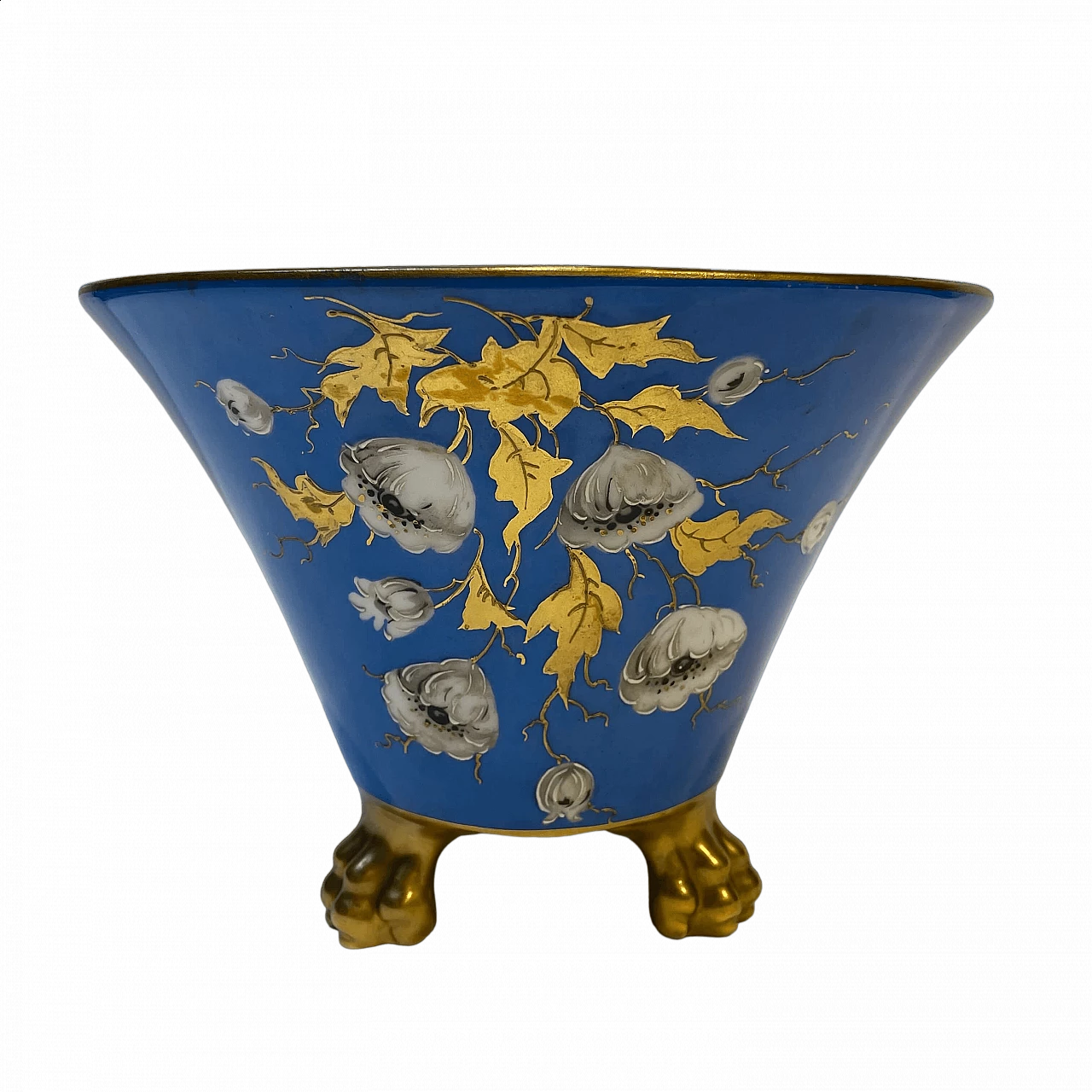 Blue ceramic vase with white flowers and golden leaves decorations, 1940s 8