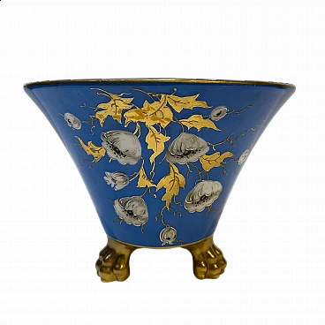 Blue ceramic vase with white flowers and golden leaves decorations, 1940s