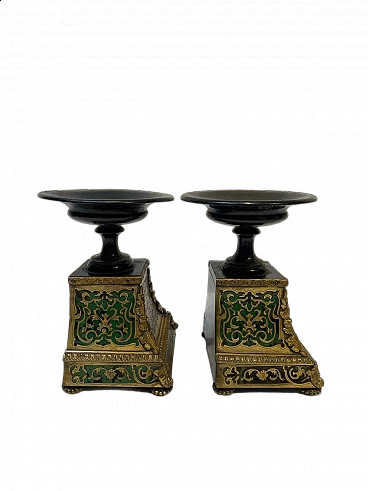 Pair of ebonized wood risers with boulle decoration, 1860